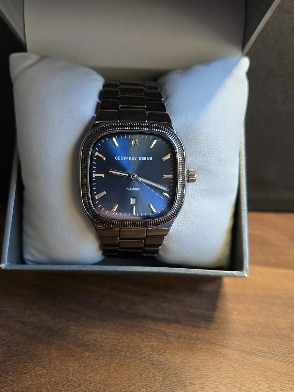 Geoffrey Beene Men's Blue Dial Stainless Steel Diamond Accent Watch- New!